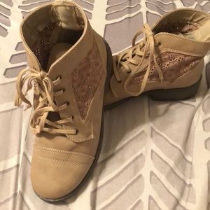 Tan Lace-Up Booties with Floral Lace - Size 8
